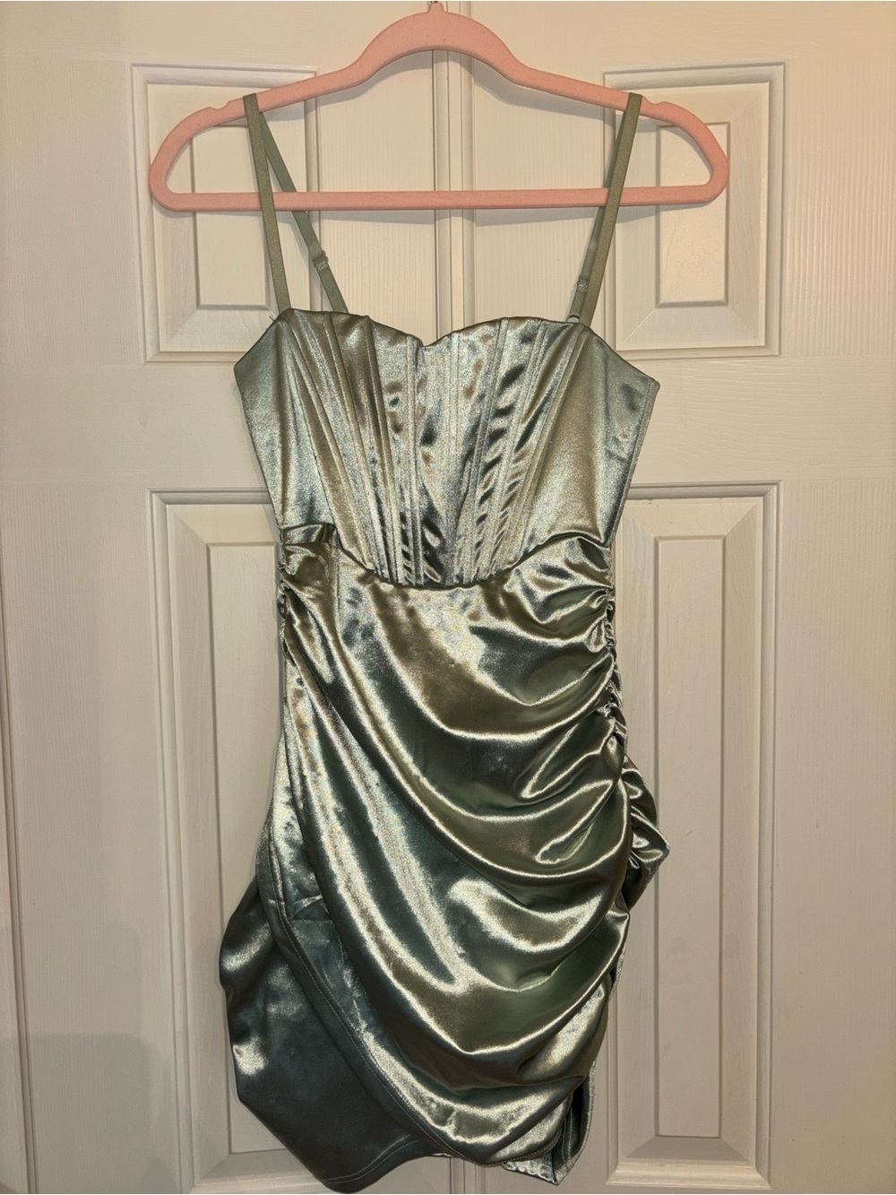 Satin Ruched Mini Dress in Metallic Sage